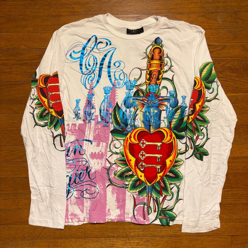 Christian Audigier AOP Long Sleeve Tee White Heart Dagger Rhinestone Large